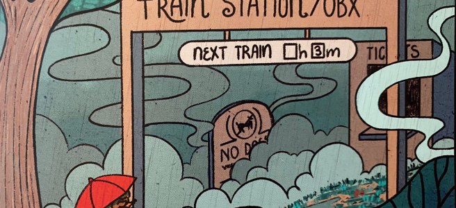 A girl with a red umbrella walks toward a train station with a sign that reads: Welcome to Train Station/OBX. Next Train 3 min. The station is foggy and a ticket booth is barely visible in the haze. The atmosphere is spooky and mysterious.